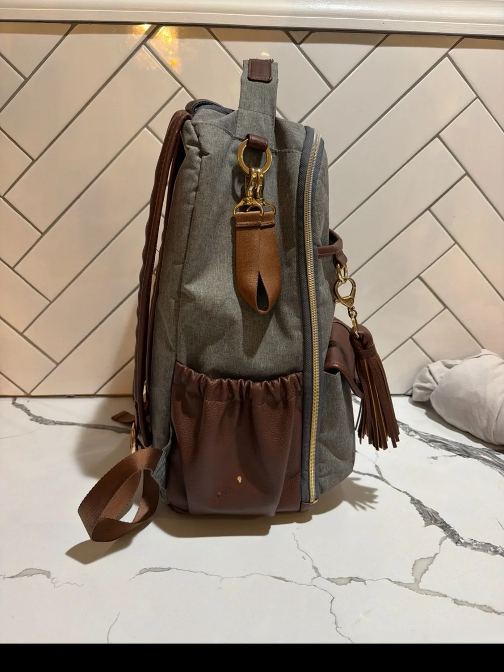 Itzy Ritzy Gray and Brown Men's Backpack with Leather Accents